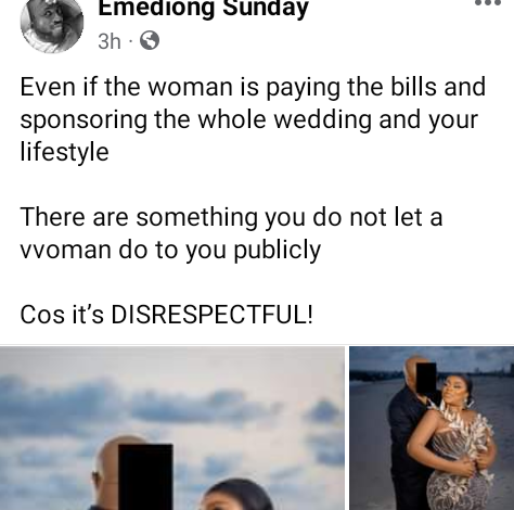 Photo of There are things you don’t let a woman do to you publicly even if she is paying the bills – Nigerian man reacts to pre-wedding photos with groom’s face covered