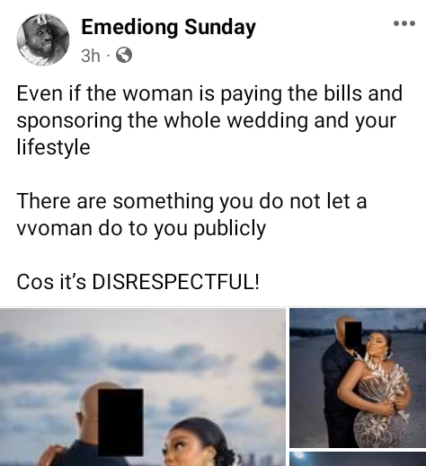 There are things you don't let a woman do to you publicly even if she is paying the bills - Nigerian man reacts to pre-wedding photos with groom's face covered 4