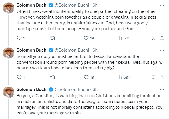 A Christian couple shouldn’t be watching porn to learn sex, that’s infidelity. Porn destroys - Solomon Buchi says 9