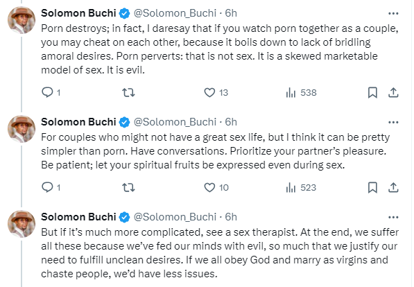 A Christian couple shouldn’t be watching porn to learn sex, that’s infidelity. Porn destroys - Solomon Buchi says 10