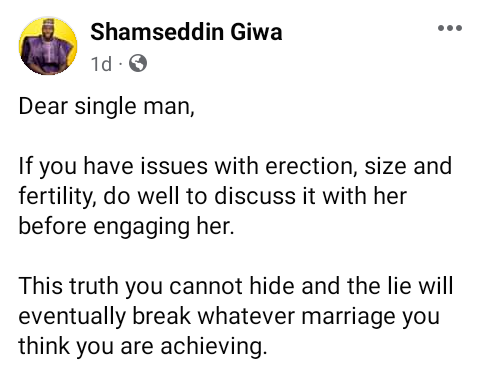 If you have issues with erection, size, and fertility, discuss it with her before engaging her - Nigerian marriage therapist advises single men 3